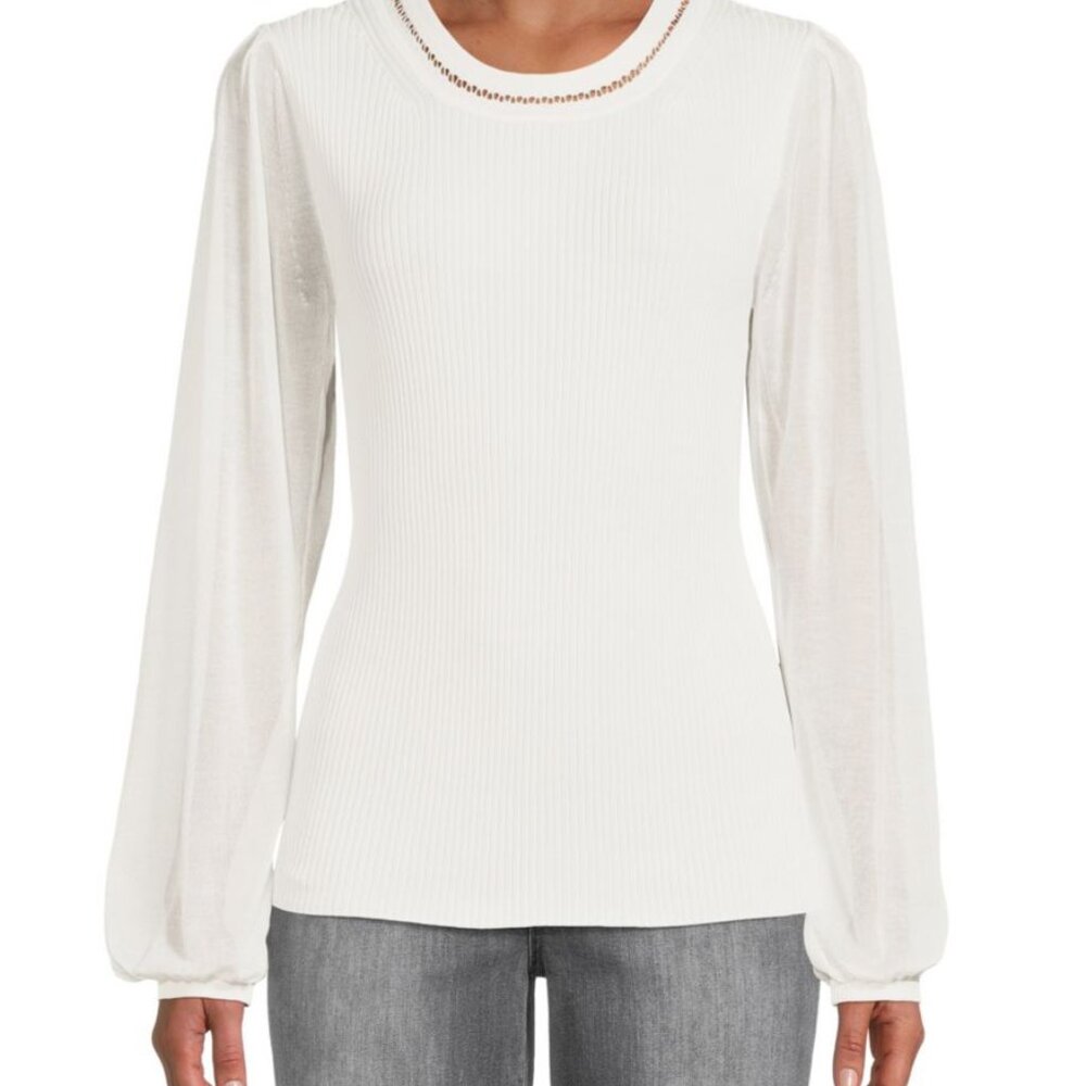 Elie Tahari Skywhite ribbed sweater with sheer sleeves, size XS.